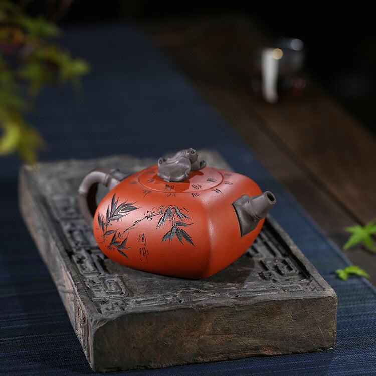 Chinese Tea Pot Bamboo Carved Chinese Character Yixing Zisha Qingshui Clay Pot