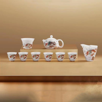 Boutique Tea Set Fat Mutton Jade Porcelain Teapot Gaiwan Hand Drawing Dragon Cup