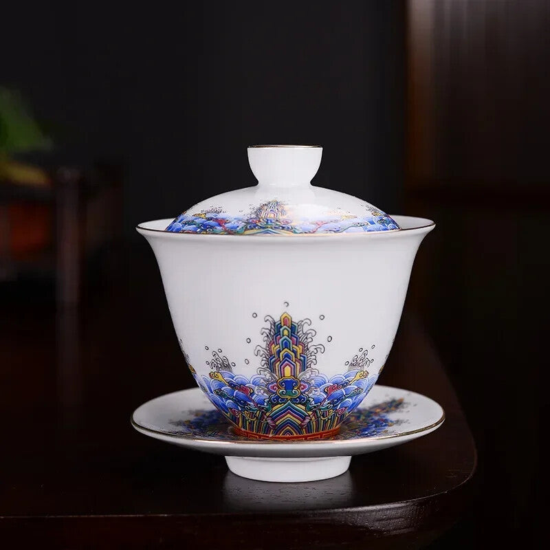 1PC Jingdezhen Gaiwan Enamel Color Tea Bowl Hand painted flower bird Teaset