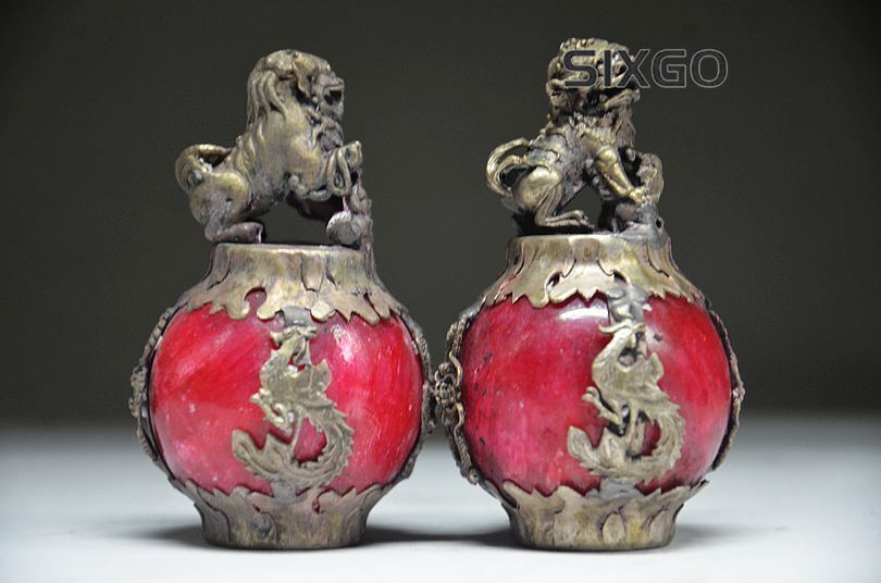 CHINESE PAIR OF Tibet SILVER DRAGON Jade Foo dog STATUE Gift!