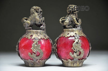 CHINESE PAIR OF Tibet SILVER DRAGON Jade Foo dog STATUE Gift!