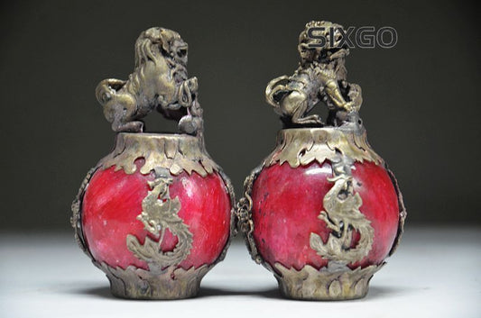 CHINESE PAIR OF Tibet SILVER DRAGON Jade Foo dog STATUE Gift!