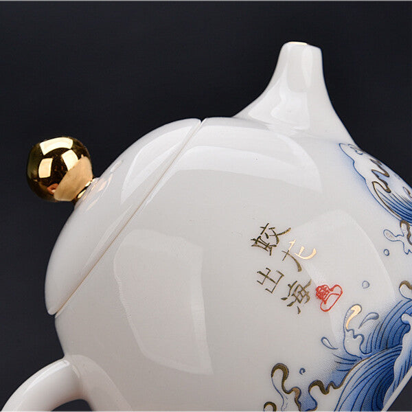 999 Sterling Silver Tea Set Porcelain Jingdezhen Tea Pot Gaiwan Dragon Print Cup