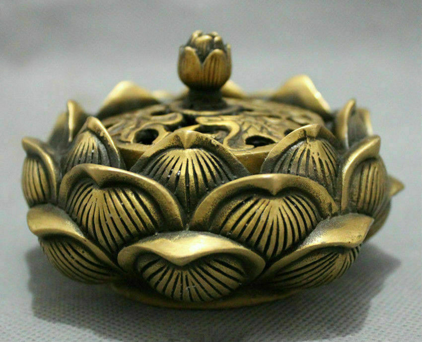 Folk Brass Buddhist Auspicious Statue Flower Incense Burner Censer