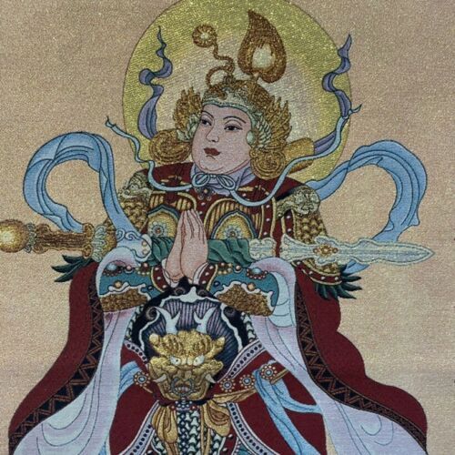 35" Old Chinese Silk Embroidery Painting Thangka Entrance Mural Weituo Buddha