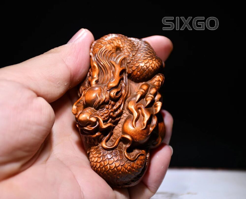 Chinese Collection Hand Carved Boxwood Wood Dragon Statue hand piece