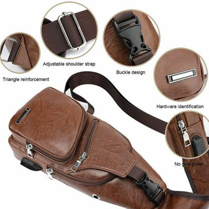 Men's Leather Chest Bag Shoulder Pack USB Charging Port Crossbody Handbag