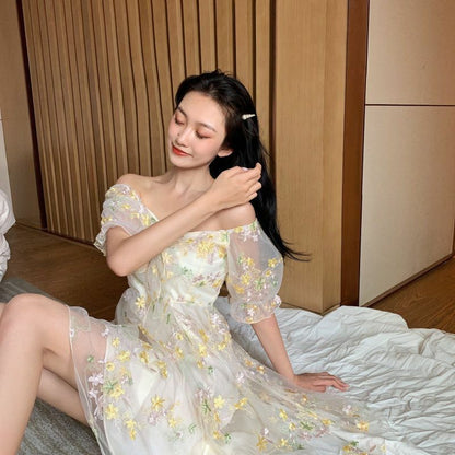 Women Dress Floral Puff Sleeve Lace Chiffon Print Mini Vintage Fairy Cotton Lace