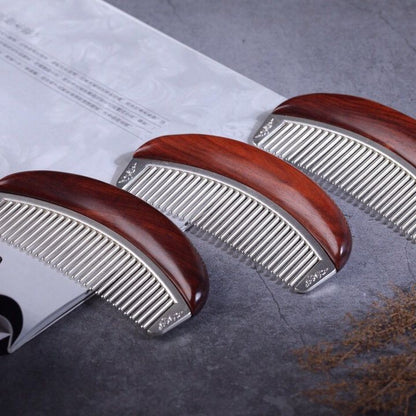 African Red Sandalwood Comb Alloy Silver-Plated Portable Chinese Meridian Comb