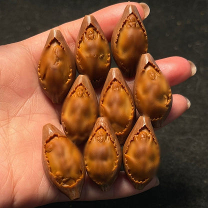Hand Carved Peach Stone Five Emperors Coins Wealth Keychain Pendant