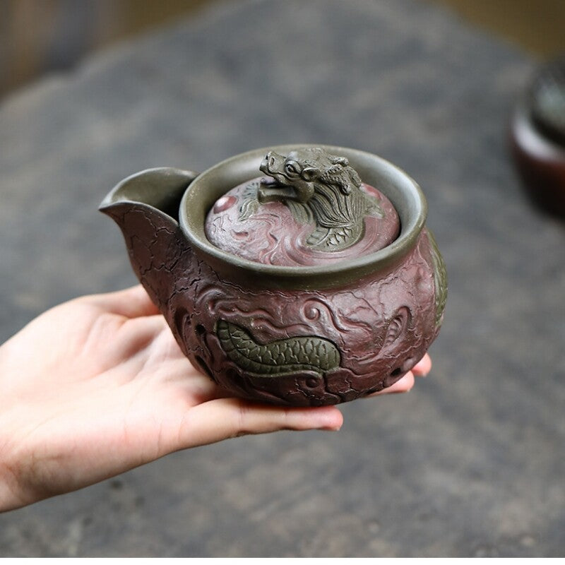 True Yixing Zisha Purple Clay Tea Pot Handmade Dragon Carved Relief Master Pot