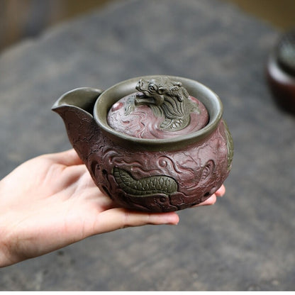 True Yixing Zisha Purple Clay Tea Pot Handmade Dragon Carved Relief Master Pot