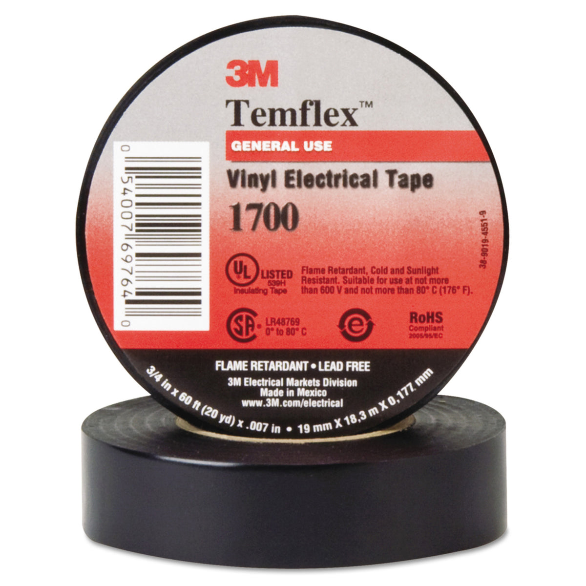 3M Vinyl Electrical Tape 60 Foot Roll, Width: 3/4 Inch, RoHS and UL