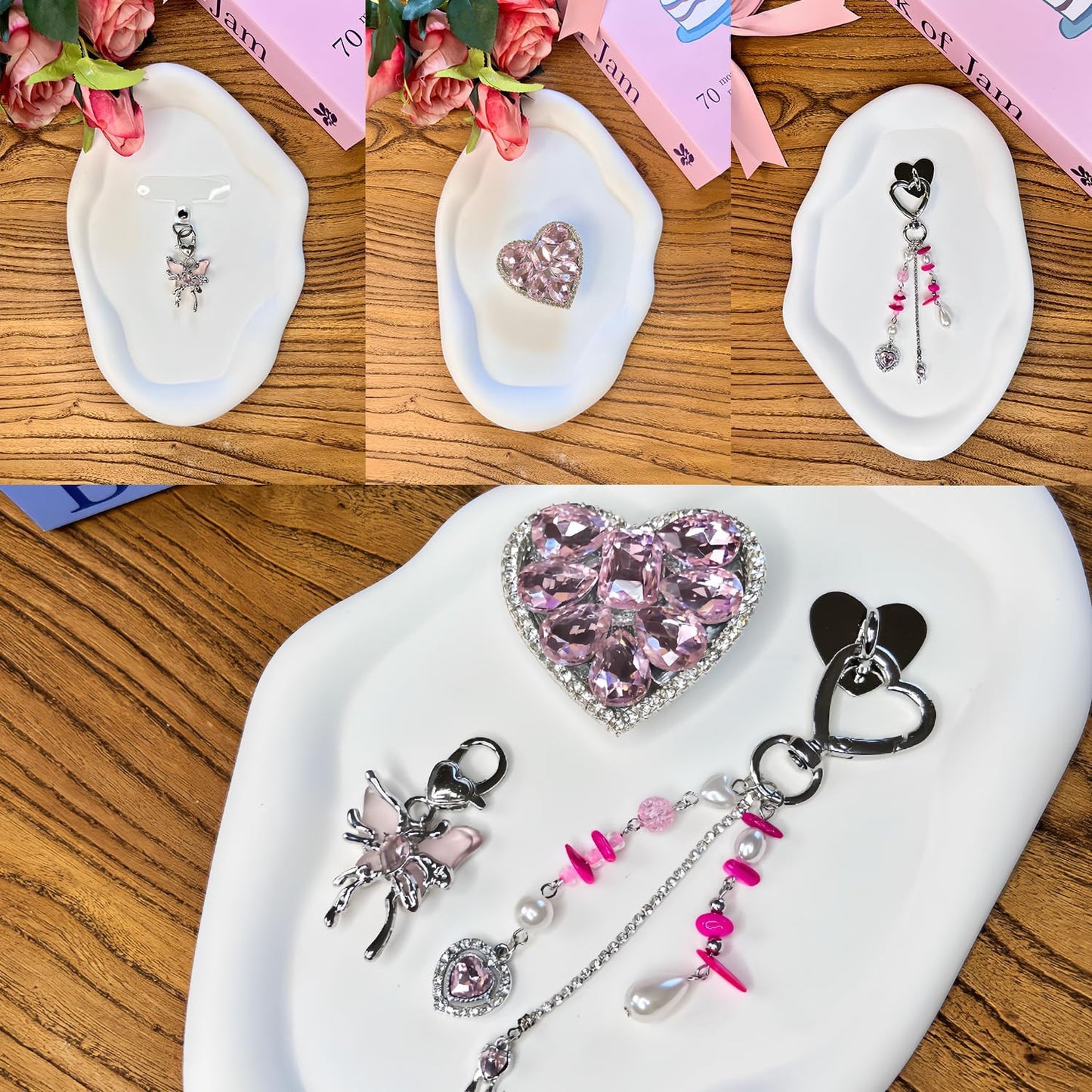 Cute Charms Set for Kindle,Including Y2K Style Heart Grip Holder, Pink Heart Cha