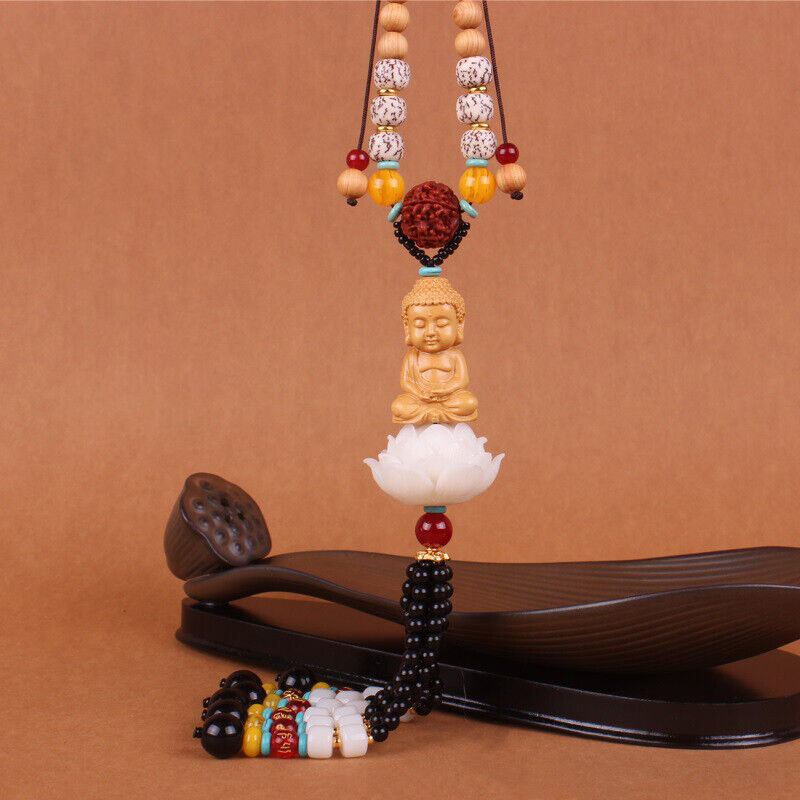 Boxwood Carved Lotus Buddha Guanyin Car Pendant Figurines Hanging Decor