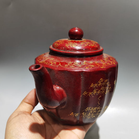 Vintage Chinese Yixing Purple Clay Teapot Zisha Ceremony Enamel Figure Teaware