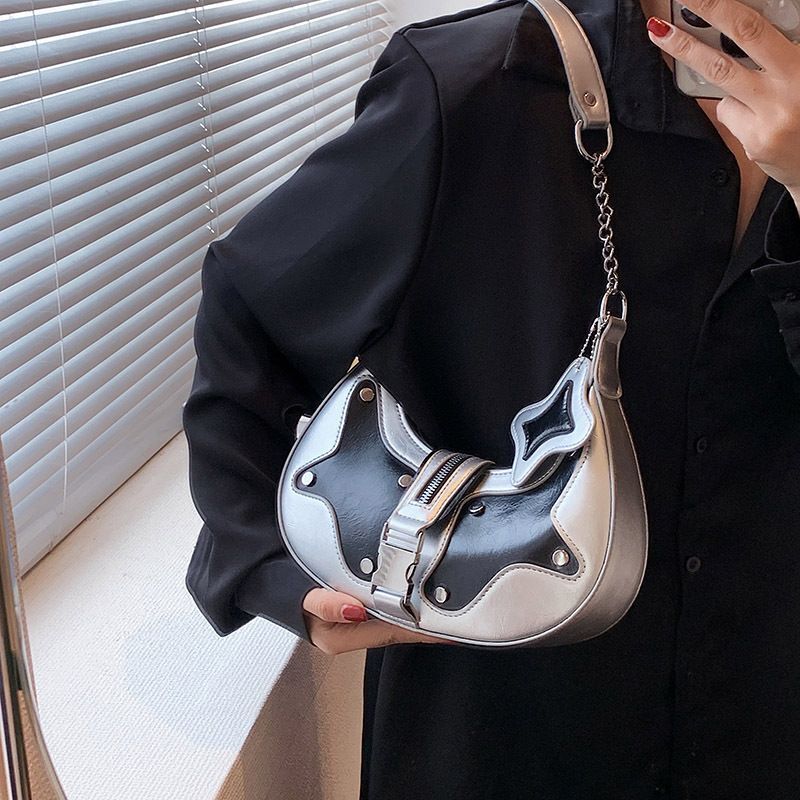 Silver Shoulder Bag Synthetic Leather Rivets Handbag Vintage Purse 25*16*7 cm