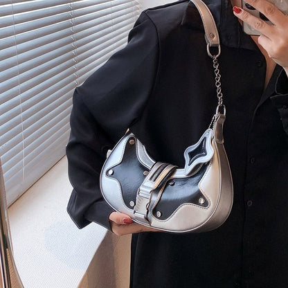 Silver Shoulder Bag Synthetic Leather Rivets Handbag Vintage Purse 25*16*7 cm