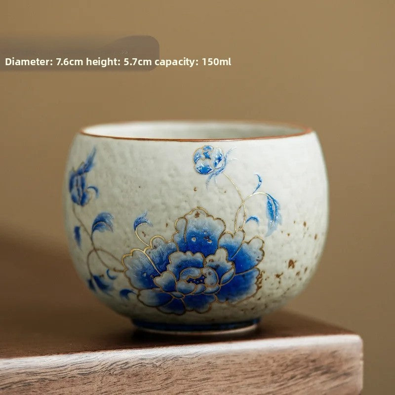 Gold Blue Peony Teacup Handmade Tea Bowl Tea-tasting Personal Cup Master Cups