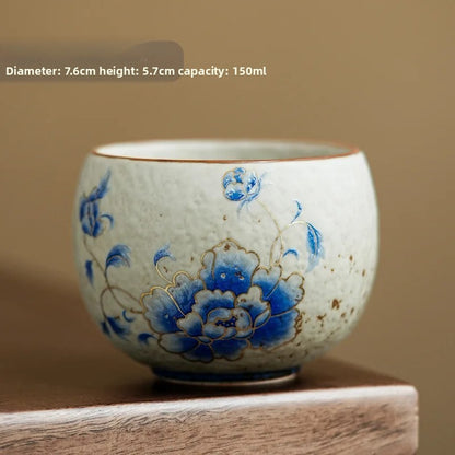 Gold Blue Peony Teacup Handmade Tea Bowl Tea-tasting Personal Cup Master Cups
