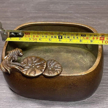 4" China Retro Solid Copper Lotus Leaf Goldfish Incense Burner Ashtray Ornament