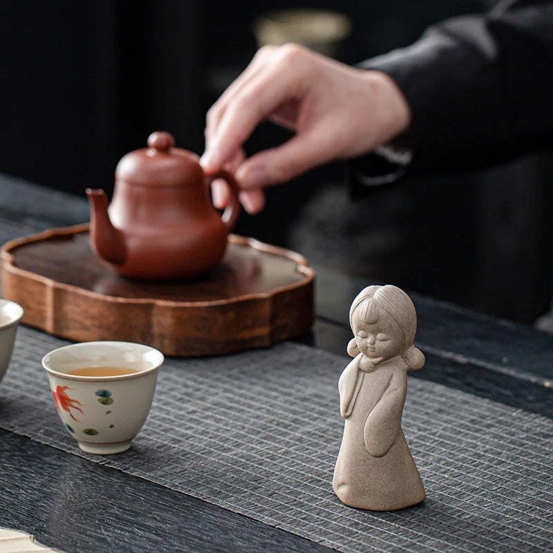 Chinese Coarse Pottery Tea Pet Handmade Ceramic Character Statue Figurine Decor