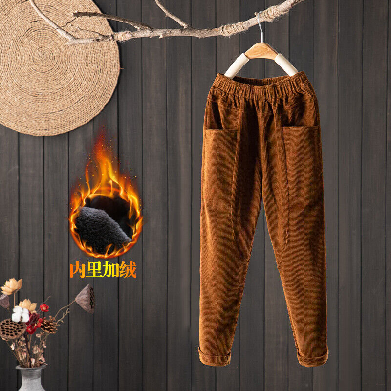 Women Elastic Waist Corduroy Pants Winter Warm Fleece Loose Cargo Baggy Trousers