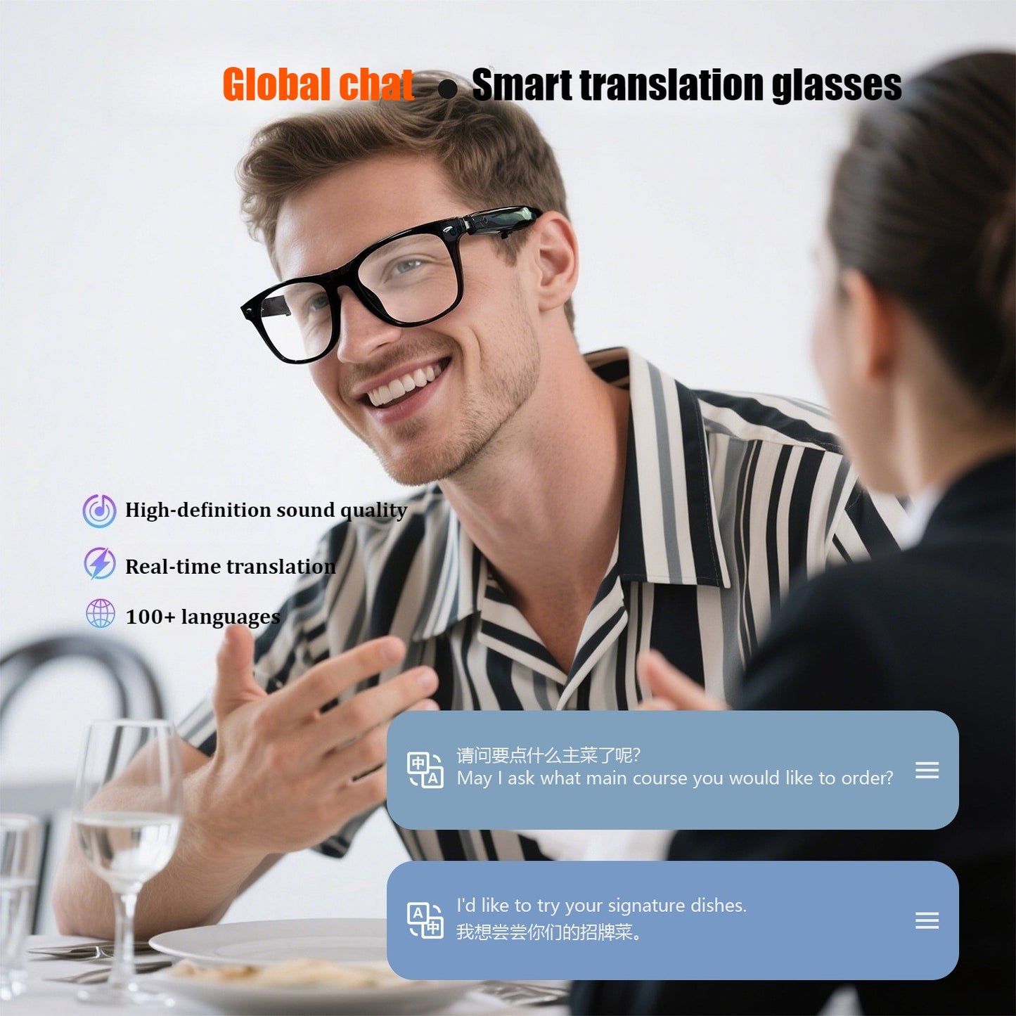 AI translation 100 languages Bluetooth listening songs calling smart glasses