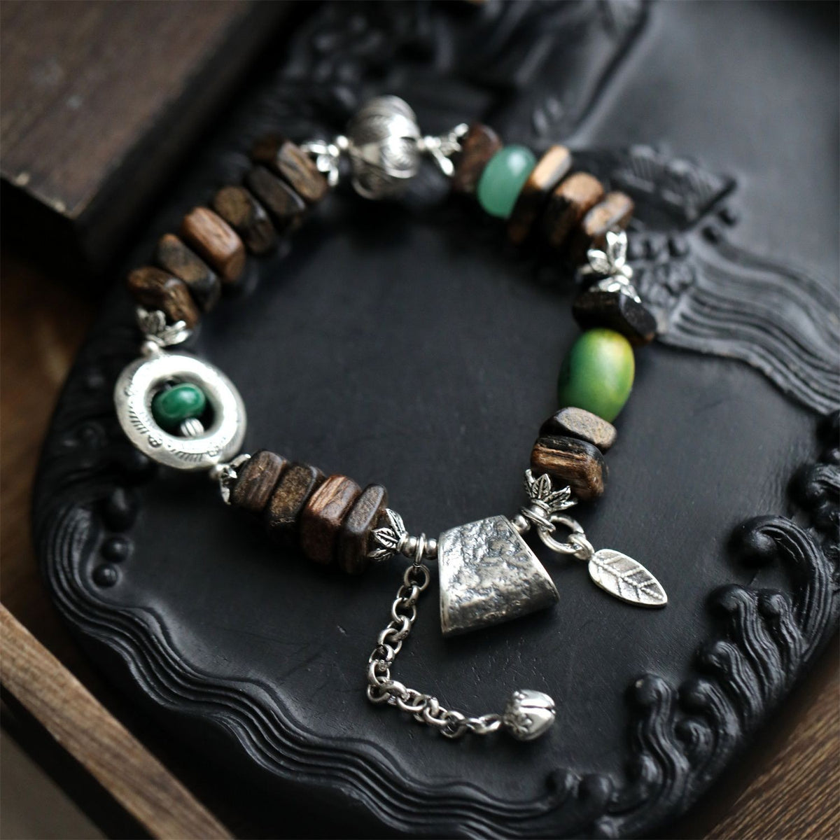 Green Jujube Agate Aventurine Agarwood Silver Axe Bracelet Retro