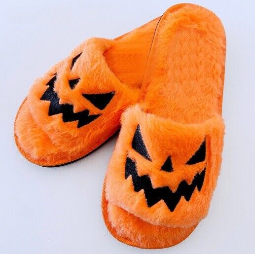 Women Halloween Pumpkin Slippers Soft Plush Flip Flop Indoor Warm Shoes 8.5~12in