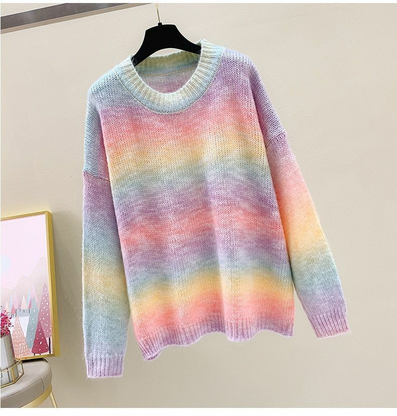 Women Rainbow Sweater Knitted Cotton Pullovers O-Neck Oversize Loose Striped Top