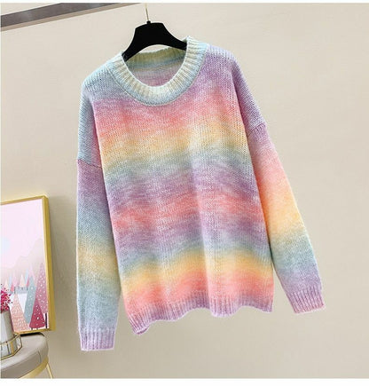Women Rainbow Sweater Knitted Cotton Pullovers O-Neck Oversize Loose Striped Top