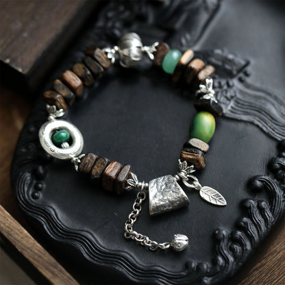 Green Jujube Agate Aventurine Agarwood Silver Axe Bracelet Vintage Chinese Style