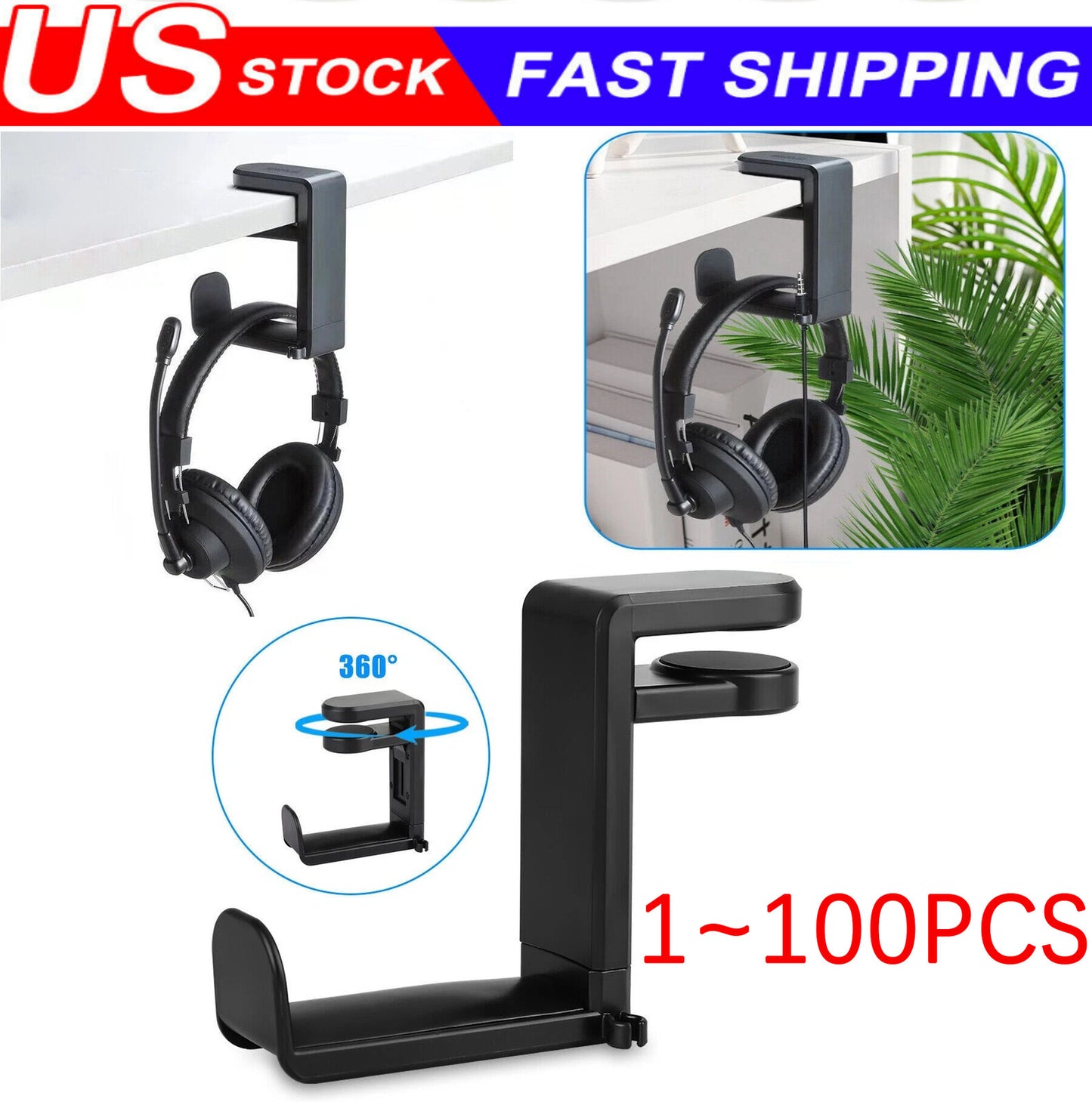 Rotating Headphone Stand Gaming Headset Holder Adjustable Under Desk Hanger Lot