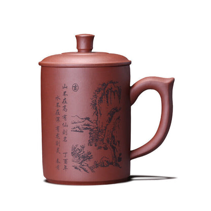 Chinese yixing zisha teacup cover cup 500ml Purple sand mud handle mug landscape