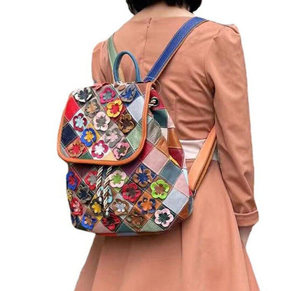 Top Real Leather Women's Bacpack, Desinger Colorful Patchwork Floral Travel Bag
