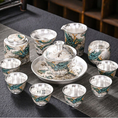 Boutique Tea Set Pure Silver Ceramic Gaiwan Pitcher Matching Tea Cup Filter Net