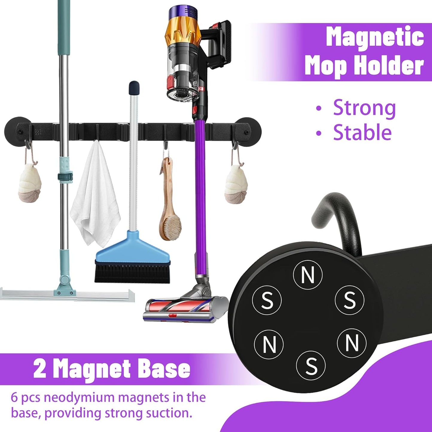 Magnetic Broom Holder Wall Mount - Heavy Duty Non-Slip Mop Hanger with 4 Hooks a