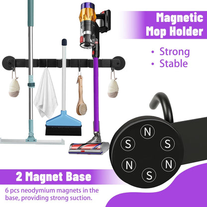 Magnetic Broom Holder Wall Mount - Heavy Duty Non-Slip Mop Hanger with 4 Hooks a