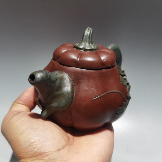 6.3" China Yixing Zisha Clay Carved Pumpkin Statue Kung Fu Tea Exquisite Tea Pot