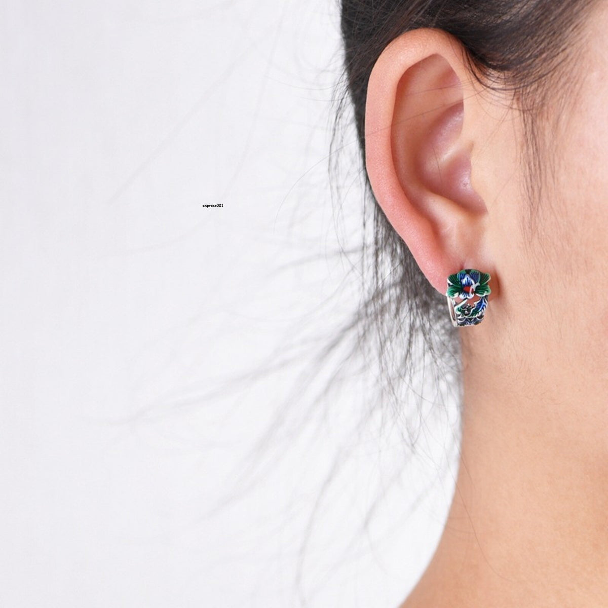 Real Solid 925 Sterling Silver Hoop Women Hollow Enamel Lotus Flower Earrings