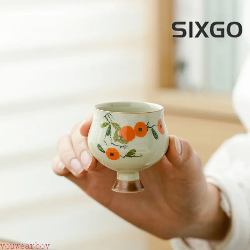 Hand Painted Persimmon Ceramic Teacup Grass Ash Tea Bowl High Foot Cups