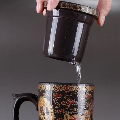 Yixing Dragon Phenix Purple Clay Tea Mug Lid Infuser Handmade Ceramic Teacup