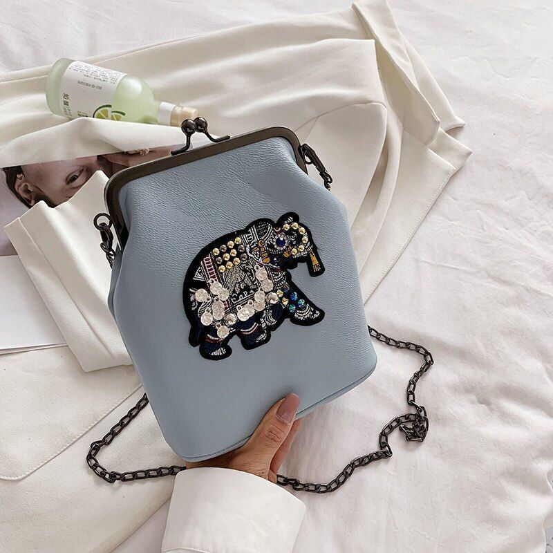Vintage Shell Lock Embroidery Bags Synthetic Leather Chain Shoulder Purses Blue