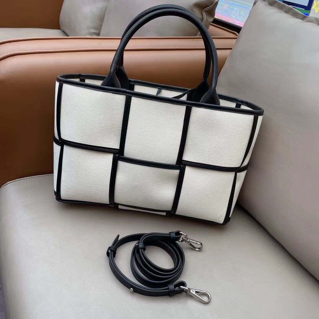 Woven Canvas & Leather Tote bag Purse Handbag Fashion w/ Zip Bag Crossbody Strap