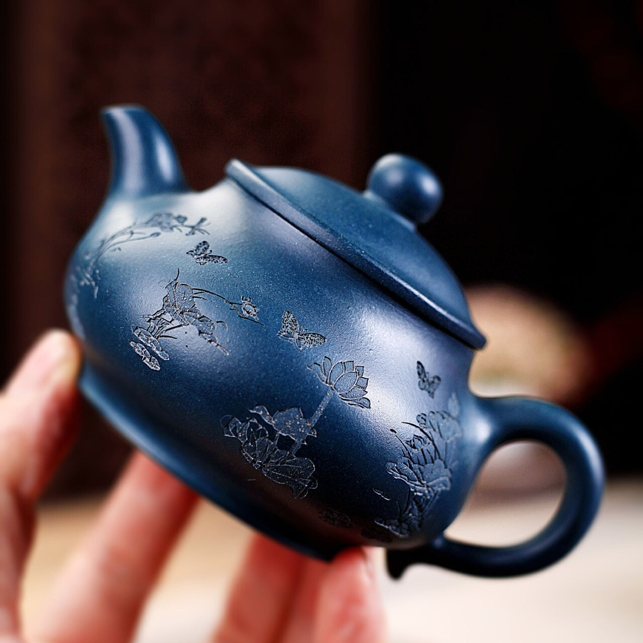 180ml Marked Tea Pot 9 Infuser Holes Hand Carved Lotus Flower Yixing Zisha Clay