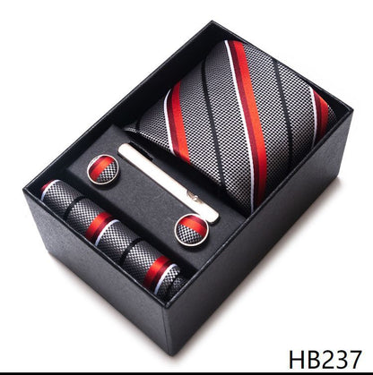 Men Neckties 5Pcs Business Ties Hanky Cufflink Set Clips Corbatas Gift Box 7.5cm