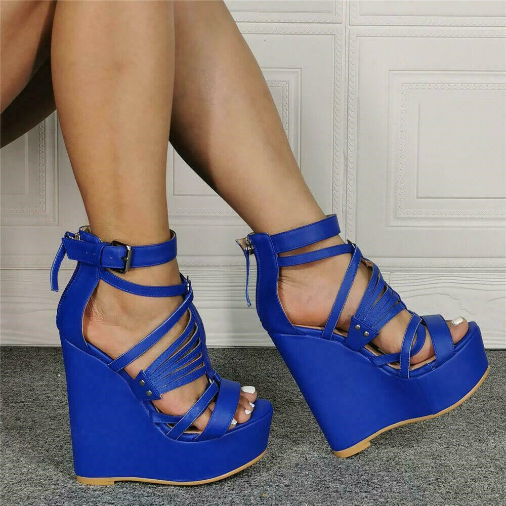 Womens High Wedge Platform Heels Buckle Strappy Roman Sandals Zip Shoes Plus SZ