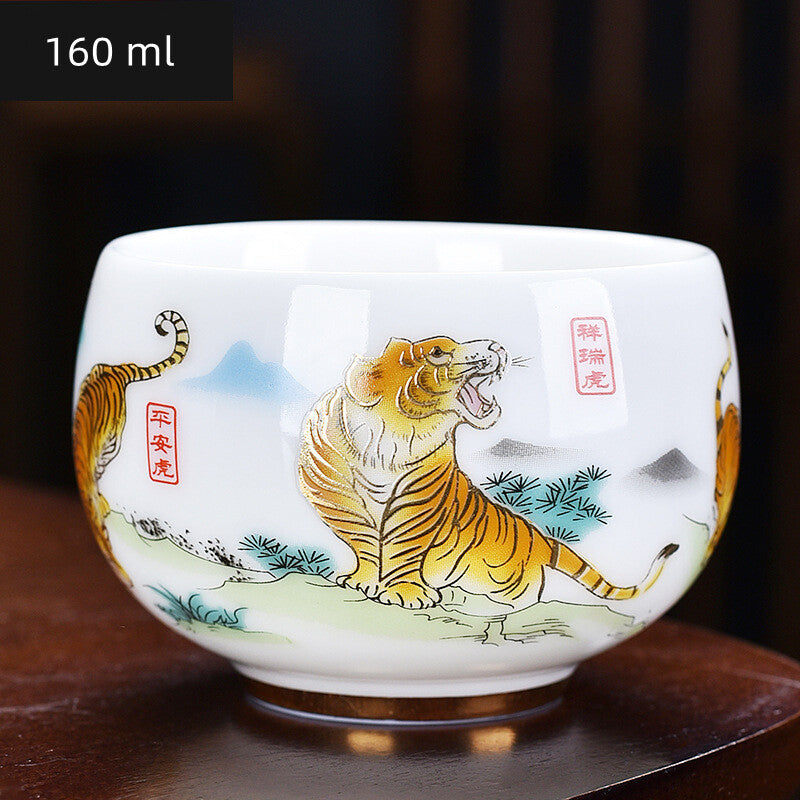 3.38" Mutton Jade Porcelain Tea Cup Mascot Tiger Print Under Glaze Master Cup