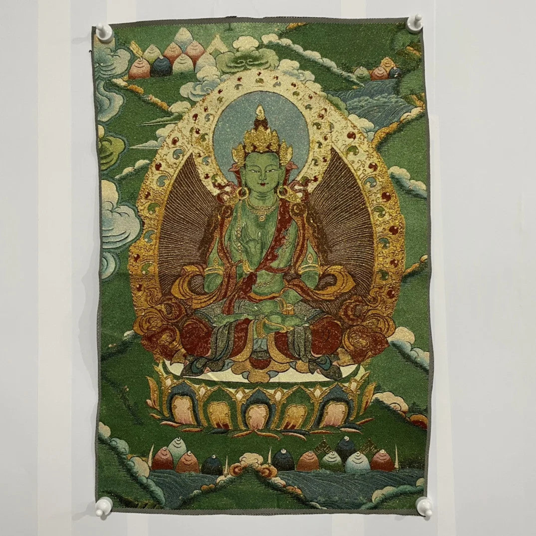 35"Thangka Embroidery Tibetan Buddhism Amitayus Green Tara Buddha lotus platform